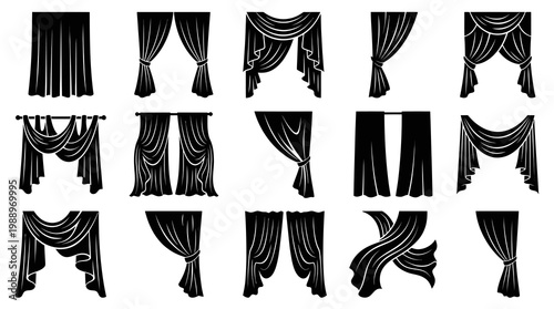 Black  White Vector Icons of Various Curtain Styles for Interior Design