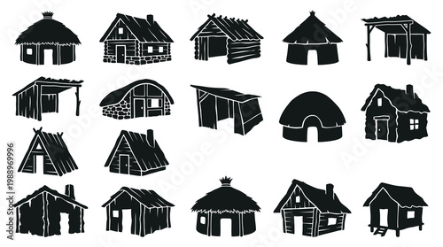 Rustic Architecture Icon Set: Black and White Silhouettes of Traditional Dwellings