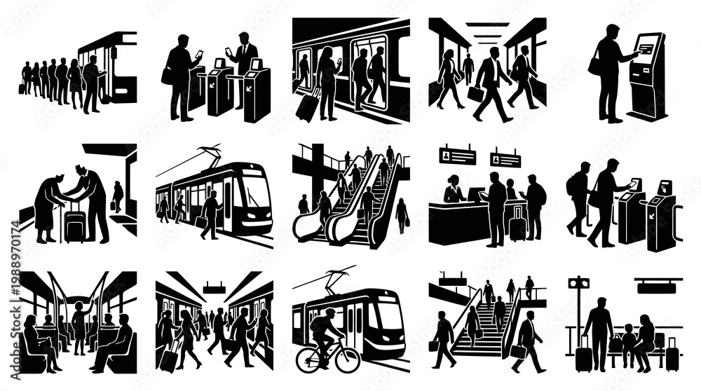 Fototapeta premium Black and White Vector Icons of Public Transportation and Commuters