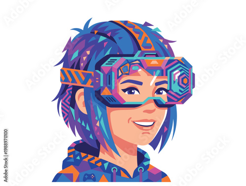A colorful illustration of a smiling person wearing futuristic goggles and headset.