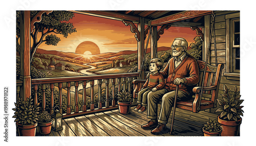 Elderly man and child on porch.