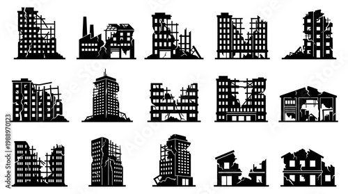 Black Silhouette Icons of Ruined Buildings, Destruction, Disaster