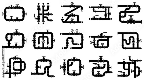 Black and White Silhouettes of Plumbing Systems and Valves