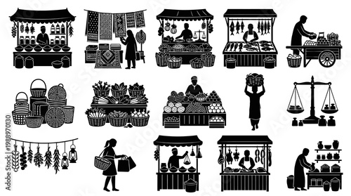 Black and White Market Stall Vector Illustration - Food and Goods Vendors