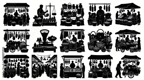 Black and White Market Stall Silhouettes - Food, Produce, Vendors