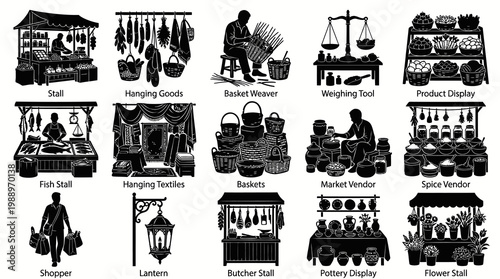 Black and White Market Stall Icons Set, Vector Illustration