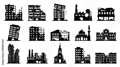 Ruined Buildings Glyph Icons Set Black and White
