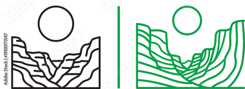 Minimalist canyon landscape vector icons with sun and mountain valley in black and green line art style
