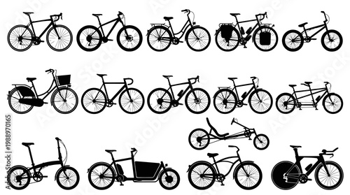 Black and White Line Art Collection of Various Bicycle Silhouettes