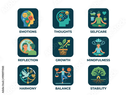 A collection of icons representing mental wellness concepts.