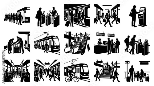 Black and White Vector Icons of Public Transportation and Commuters