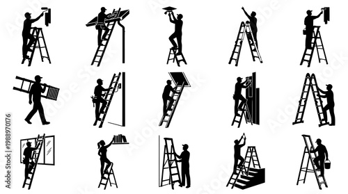 Construction and Home Improvement Workers with Ladders Black Silhouette Vector Icons Set