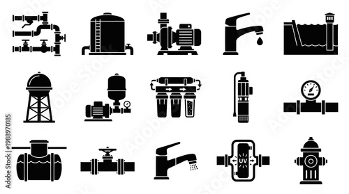 Water Utilities, Plumbing  Treatment Systems Black and White Glyph Icons
