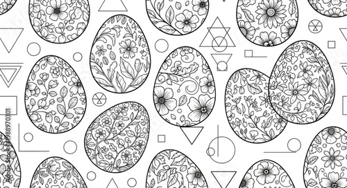 Hand drawn Easter eggs with geometric patterns seamless background.