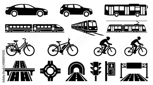 Black  White Flat Transportation  Road Traffic Glyph Icons Set
