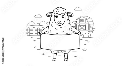 A cute cartoon sheep stands in a field holding a blank banner, with a barn and fence in the background.