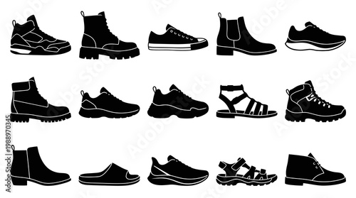 Black and White Footwear Icons: Boots, Sneakers, Sandals, and Shoes