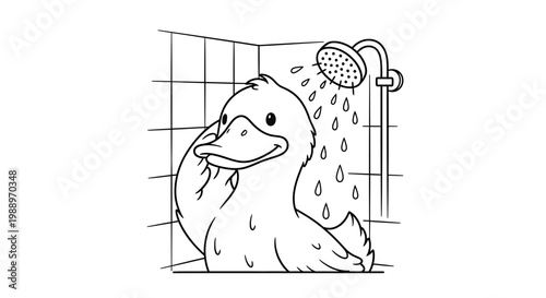 A cute cartoon duck taking a refreshing shower in a tiled bathroom with water spraying from the showerhead.