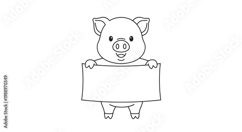 A cute cartoon piglet holding a blank sign, perfect for adding custom text or messages.