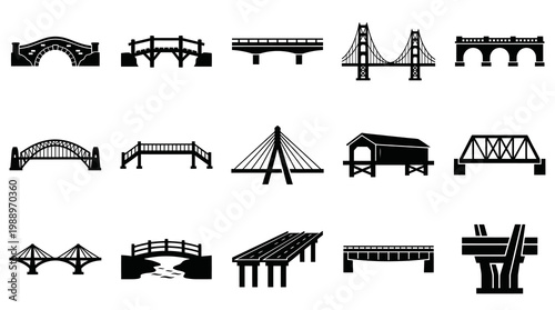 Black  White Glyph Icons of Various Bridge Types for Architecture and Construction