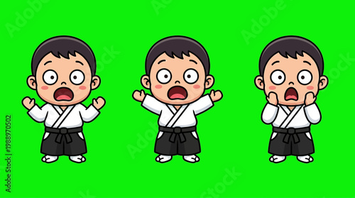 Cartoon Aikido Kid with Expressions of Surprise and Shock.