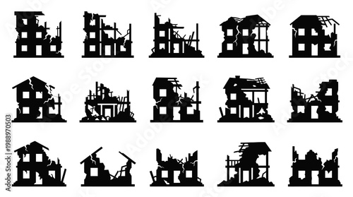 Disaster  Urban Decay Architecture: Ruined Buildings, Destroyed Houses Silhouette Glyphs