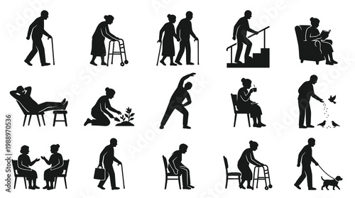 Elderly People Lifestyle Activities Vector Silhouette Glyphs. Aging Seniors Health Care Icons Set.