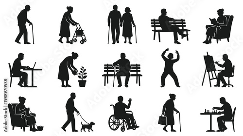 Elderly Lifestyle Silhouette Icons: Seniors in Daily Activities, Hobbies  Care