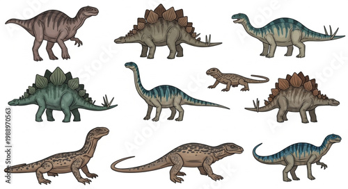 Collection of diverse dinosaur species illustration isolated on white background.
