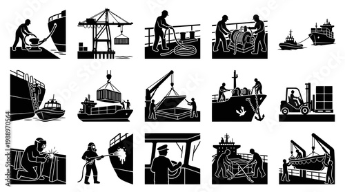 Maritime Shipping Port Logistics Industry Workers  Activities Glyph Icons Set