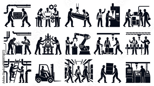 Industrial workers in a factory with machinery and tools, black and white glyphs
