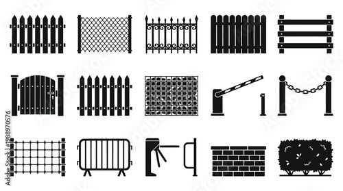 Black and White Icons of Fences, Gates, and Barriers, Security Industry