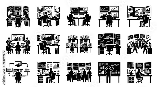 Stock Market Trading Station: Business Finance Icon Set