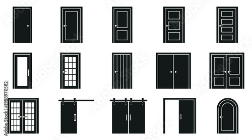 Black and white icons of various door styles for construction and interior design