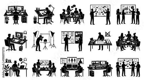 Black and White Illustration of Business Teamwork and Creative Collaboration