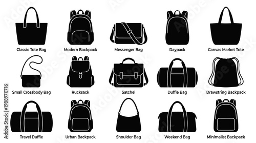 Black and white icons of different types of bags for fashion and travel