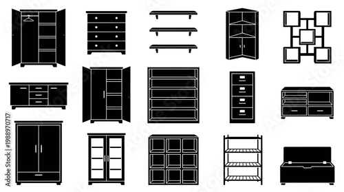 Furniture Silhouettes Collection: Wardrobe, Dresser, Shelves, Chest, Cabinet