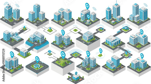 Smart city vector illustration showing connected buildings, roads, parks, bridges, and digital infrastructure with Wi‑Fi and location markers