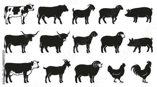 Farm Animals Silhouette Icons. Livestock and Poultry Black Vector Glyphs Set.