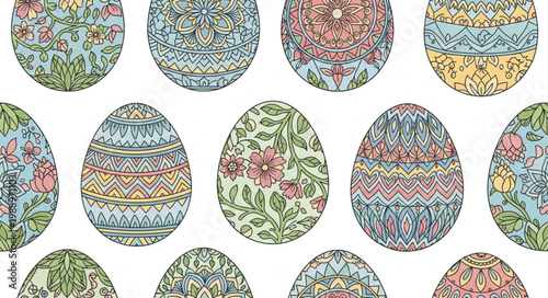 Colorful Easter Eggs with Intricate Patterns and Floral Designs.