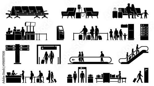 Airport Travel Glyph Icons Set: Passengers, Luggage, Check-in  Security Silhouettes