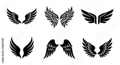 Tribal wing silhouettes, 6 black angel wings set, heraldic eagle wing vector icons