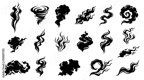 Collection of Abstract Smoke, Steam, and Vapor Swirls Black Vector Silhouettes