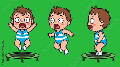 Adorable Cartoon Baby Bouncing Joyfully on a Small Trampoline.