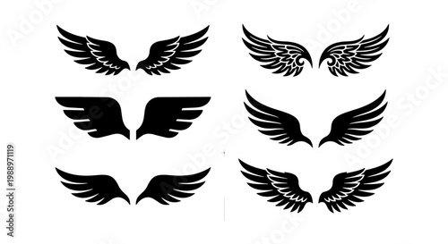 Heraldic wing silhouettes set, 6 pairs of black bird wings, tribal tattoo vector icons