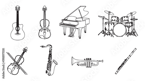 Various Musical Instruments Line Drawings For Music Education Concepts