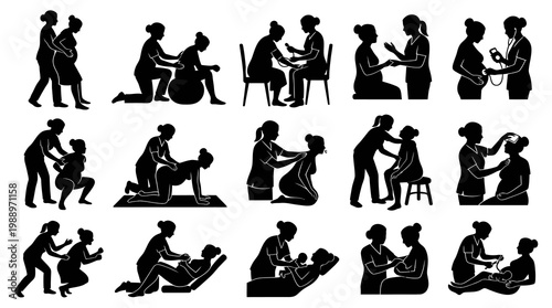 Maternity Care Silhouette Vector Icons - Pregnancy, Childbirth, Midwife Support, Baby Care