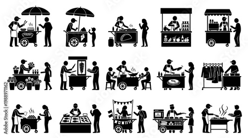 Street Food and Market Vendors Glyph Icons Set. Black  White Silhouette of People Selling  Buying at Stalls  Carts