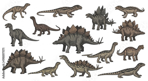 Collection of Various Dinosaur Species Illustration.