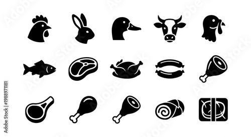 Meat and poultry icons, 15 butcher shop vector symbols, farm animal and protein set